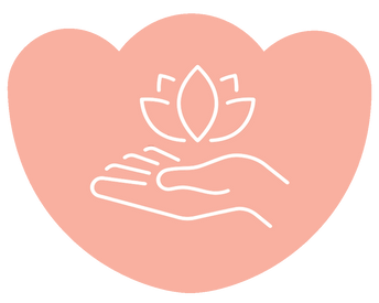 Outline of a hand holding a lotus flower on a pink heart-shaped background